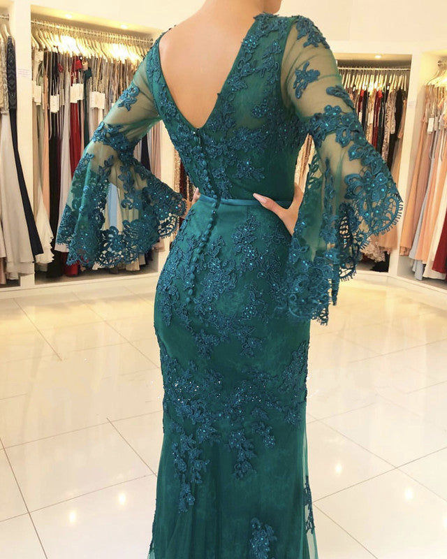 Elegant Puffy Sleeves Lace V-neck Mermaid Prom Evening Dresses – alinanova