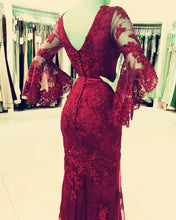 Load image into Gallery viewer, Elegant Puffy Sleeves Lace V-neck Mermaid Prom Evening Dresses
