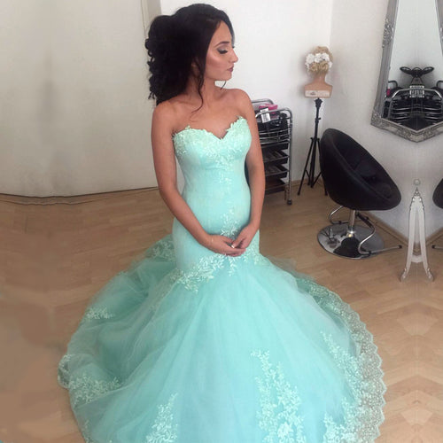 Elegant Lace Appliques Sweetheart Tulle Mermaid Evening Dresses-alinanova