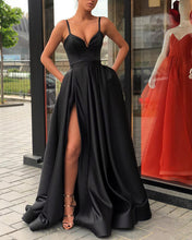 Load image into Gallery viewer, 5896 Evening Gown Long Black Satin Slit Prom Dresses
