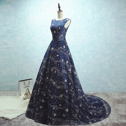 Glitter Stars Sequins Long Tulle Navy Blue Party Dress With Cap Sleeves-alinanova