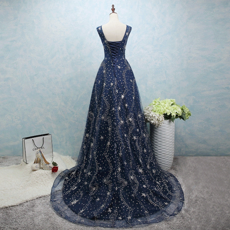 starry prom dress Sparkly Stars Sequins Dresses Lisposa Accentuating the waist is a delicate bow Gradient Blue Prom Dress, Dreamy