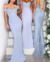 Load image into Gallery viewer, Light-Blue-Bridesmaid-Dresses-Mermaid-Appliqued-Evening-Gowns
