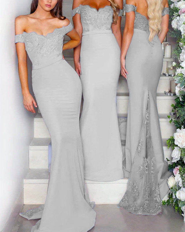 Lace Appliques V-neck Off The Shoulder Long Jersey Mermaid Bridesmaid –  alinanova