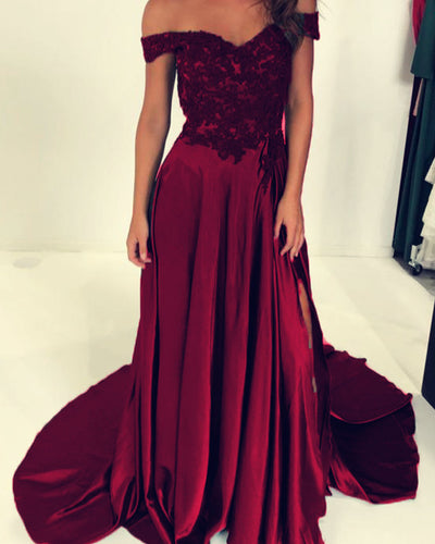 Burgundy Evening Dresses Lace Off Shoulder