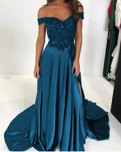 Load image into Gallery viewer, Elegant Lace V-neck Off-the-shoulder Long Satin Split Prom Dresses
