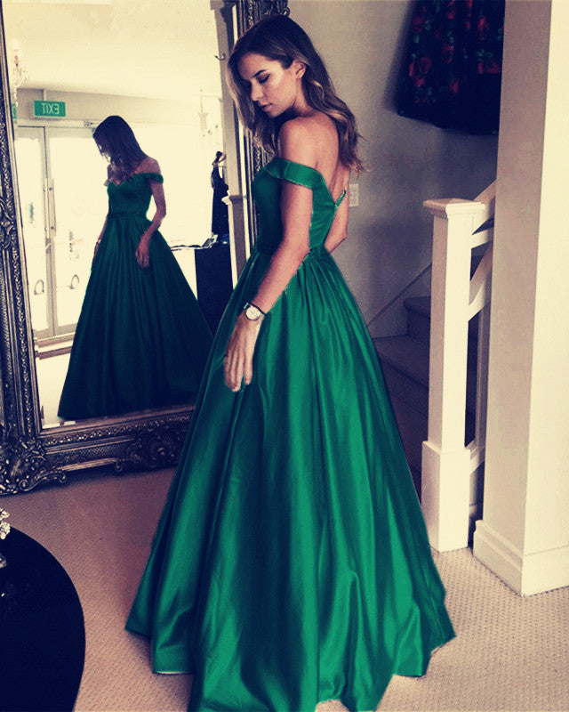 Dark Green Satin V-Neck Prom Long Dresses Off Shoulder Evening Gowns Beaded Sashes