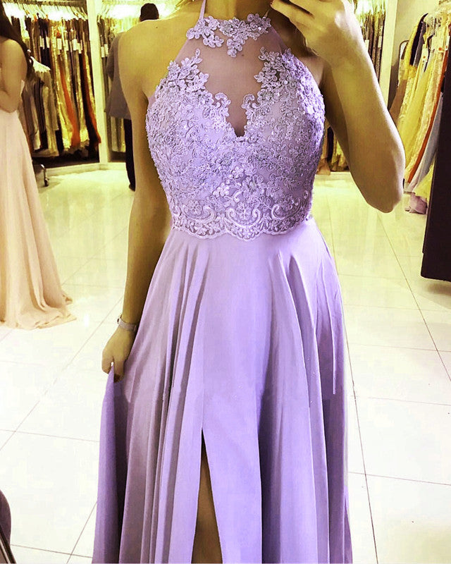 Charming Lace Halter Long Chiffon Split Bridesmaid Dresses Charming Lace Halter Long Chiffon Split Bridesmaid Dresses