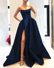 Load image into Gallery viewer, Navy Blue Long Satin Strapless Evening Dress
