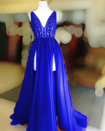 Long Tulle V-neck Prom Dresses Sequin Beaded Evening Gowns-alinanova
