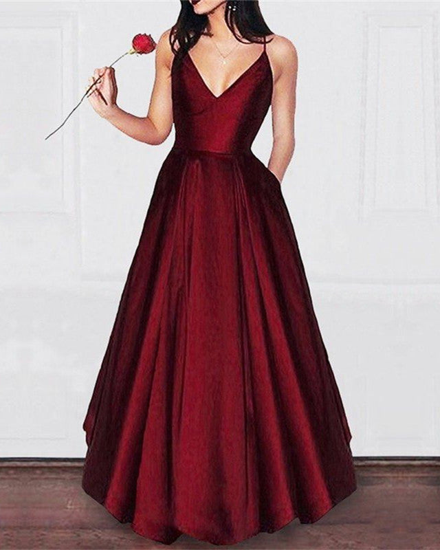 Simple Long Burgundy Prom Dresses With Pockets-alinanova