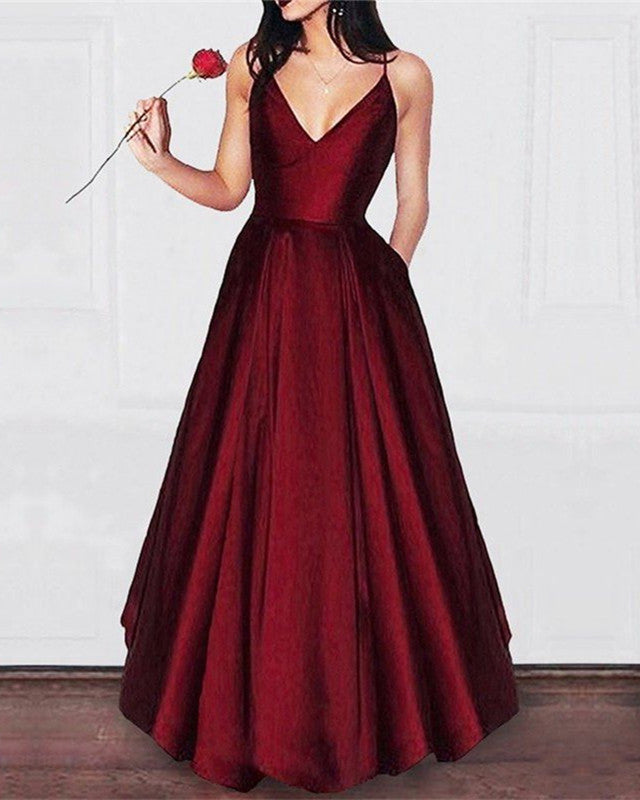 prom dress burgundy Simple Long Dresses With Pockets Belle Blue Dress, Costume Footwear Type_Loafers & Slip Ons Sweep Train Neckline Color:Nocturnal Navy