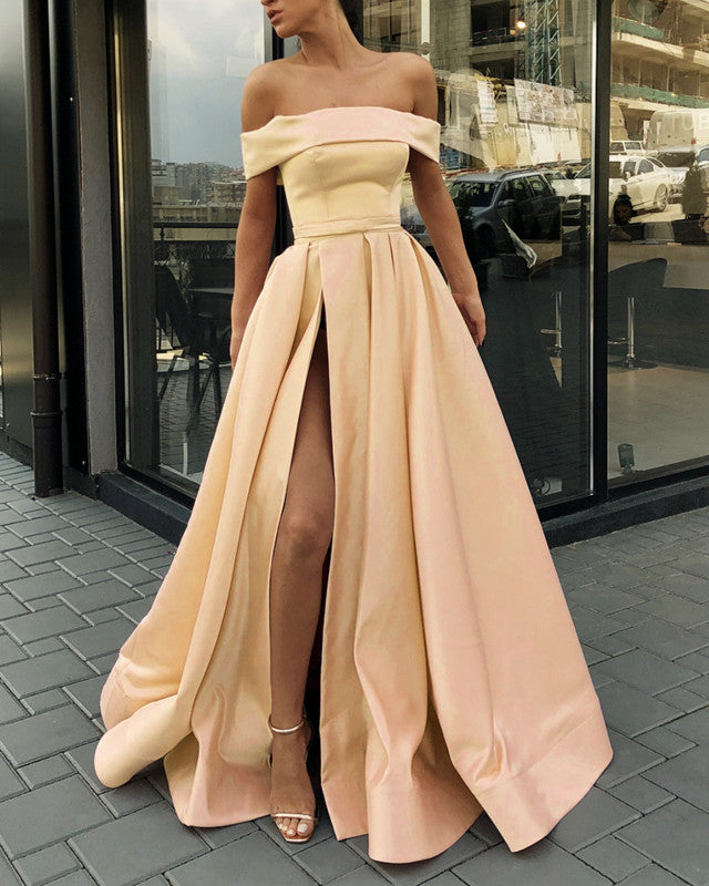 Off Shoulder Long Satin Prom Dresses Split Evening Gown