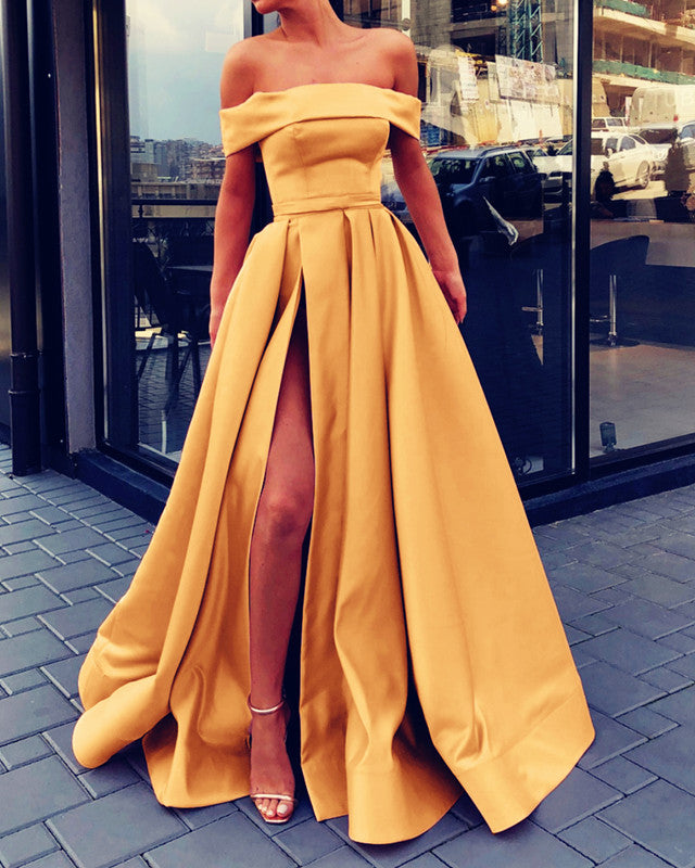 Sexy Prom Dresses Long Off Shoulder Satin Split Evening Gowns – alinanova