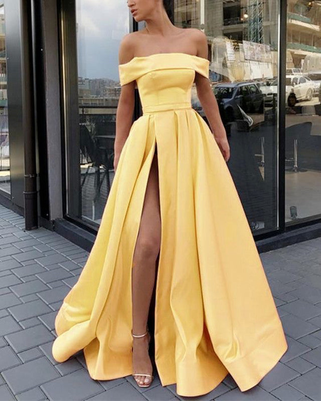 Off Shoulder Long Satin Prom Dresses Split Evening Gown