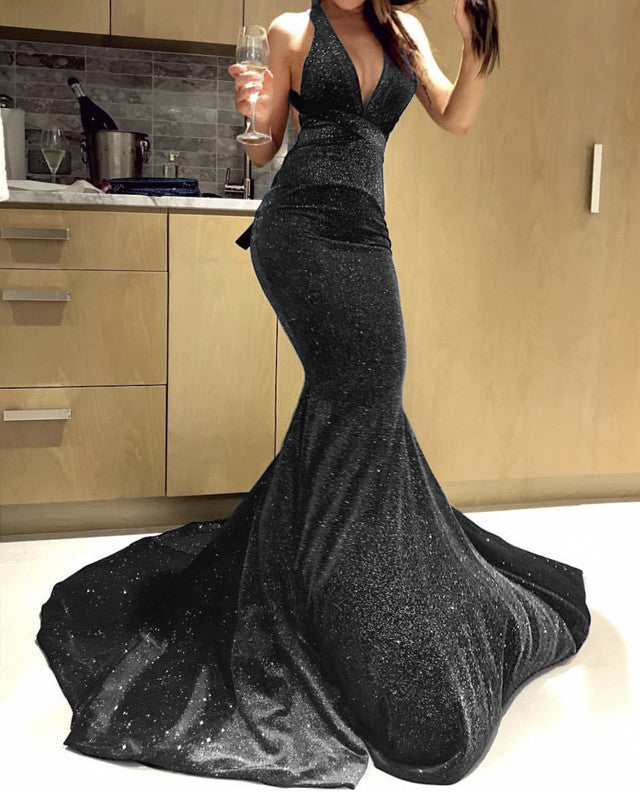 Glitter Mermaid Halter Ruffles Backless Evening Dress alinanova Glitter Mermaid Halter Ruffles Backless Evening Dress alinanova
