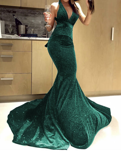 Glitter Mermaid Halter Ruffles Backless Evening Dress-alinanova