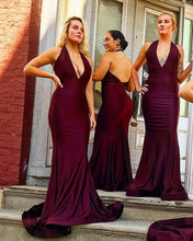 Load image into Gallery viewer, Long Satin Halter Mermaid Bridesmaid Dresses Open Back
