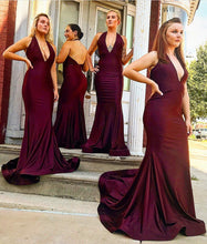 Load image into Gallery viewer, Long Satin Halter Mermaid Bridesmaid Dresses Open Back
