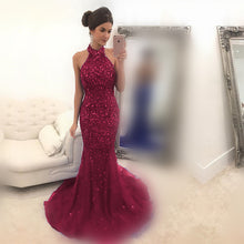 Load image into Gallery viewer, Purple Mermaid Prom Dresses Halter Crystal Beaded
