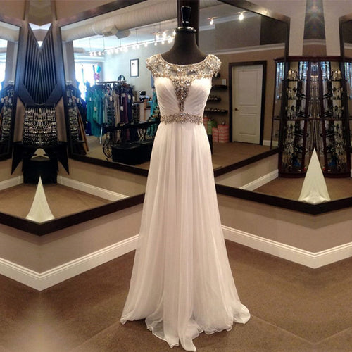 white chiffon golden beaded evening dress long prom dress 2017-alinanova