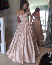Load image into Gallery viewer, Nude-Pink-Prom-Dresses-2019-Long-Satin-Evening-Gowns-Off-The-Shoulder
