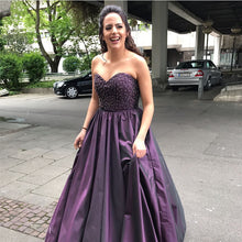 Load image into Gallery viewer, A Line Beaded Sweetheart Long Purple Satin Prom Dresses-alinanova
