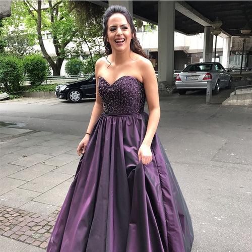A Line Beaded Sweetheart Long Purple Satin Prom Dresses-alinanova
