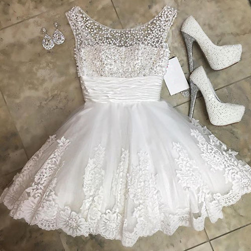 White Lace Homecoming Dresses Pearl Beading-alinanova