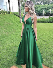 Load image into Gallery viewer, Simple Satin V-neck Empire Prom Dresses Floor Length
