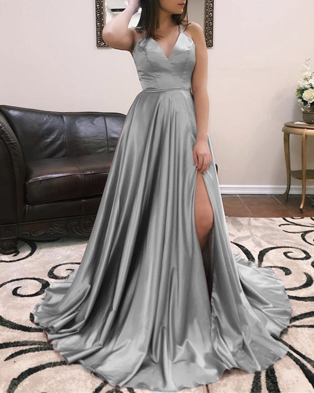 Long Sexy V-neck Cross Back Satin Prom Dresses
