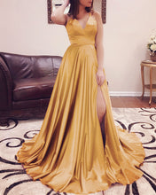 Load image into Gallery viewer, Long Sexy V-neck Cross Back Satin Prom Dresses

