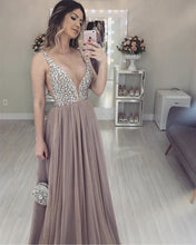 Load image into Gallery viewer, Long Tulle V-neck Prom Evening Dresses Crystal Beaded
