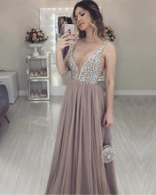 Load image into Gallery viewer, Nude-Tulle-Prom-Dresses-Floor-Length-Evening-Dress-Crystal-Beaded

