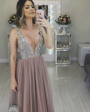 Load image into Gallery viewer, Long Tulle V-neck Prom Evening Dresses Crystal Beaded
