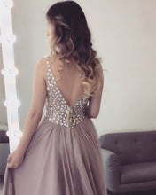 Load image into Gallery viewer, Long Tulle V-neck Prom Evening Dresses Crystal Beaded

