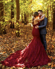 Load image into Gallery viewer, Maroon-Lace-Formal-Mermaid-Gowns-For-Wedding-Photography

