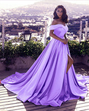Load image into Gallery viewer, Lilac Prom Off The Shoulder Dresses With High Split
