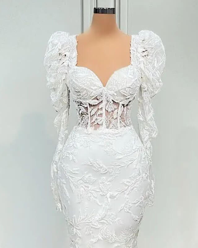 chinese dress ladies 80s Style Wedding Dress Mermaid Lace Puffy Sleeves