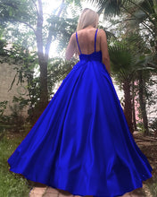 Load image into Gallery viewer, Deep V-neck Long Satin Royal Blue Evening Dresses
