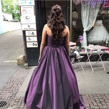 Load image into Gallery viewer, A Line Beaded Sweetheart Long Purple Satin Prom Dresses
