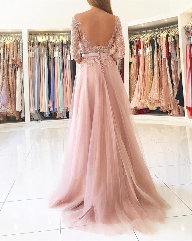 Modest Lace Appliques Nude Pink Tulle Bridesmaid Dresses With Sleeves – alinanova