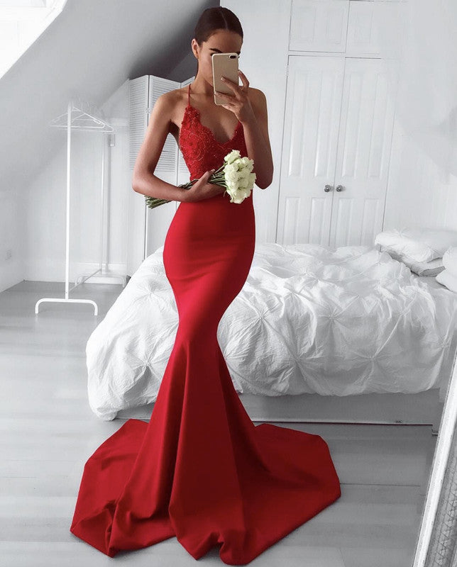 red mermaid bridesmaid dresses Halter Satin Mermaid Bridesmaid Dresses Lace Appliques