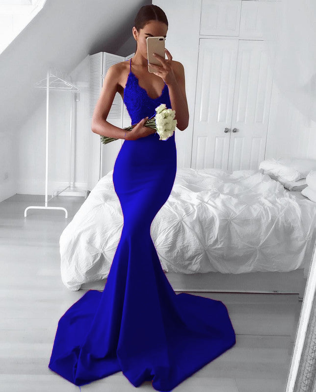 Elegant Mermaid Bridesmaid Dresses Lace Appliques With Halter Neck   alinanova