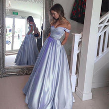 Load image into Gallery viewer, Long Satin V-neck Off Shoulder Prom Dresses Beaded Sashes
