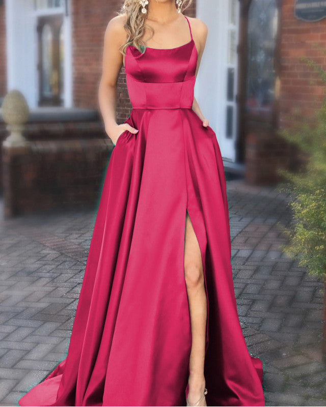 Sexy Bridesmaid Dresses Long Satin Split Gown With Open Back – alinanova