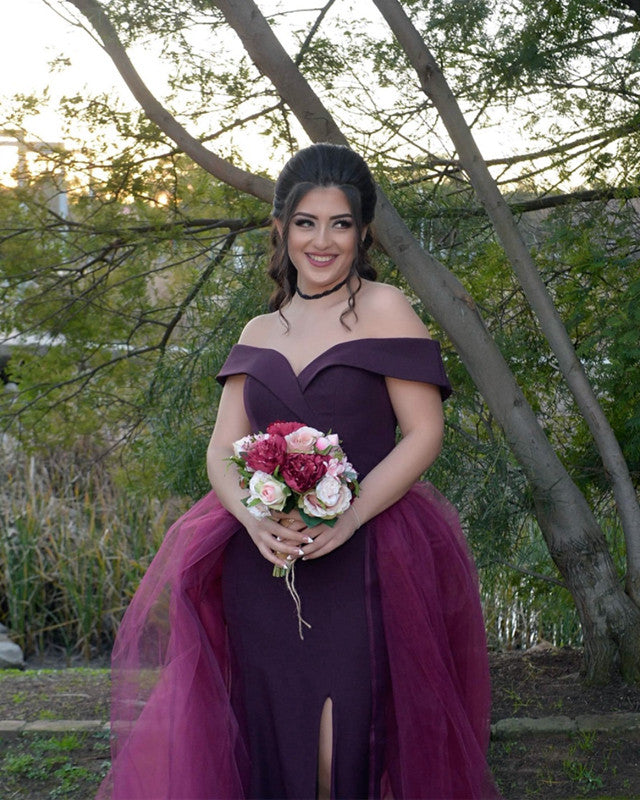 Long Satin V-neck Mermaid Bridesmaid Dresses Removable Skirt  alinanova