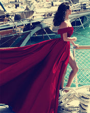 Load image into Gallery viewer, Maroon Evening Dresses Long Satin Off The Shoulder
