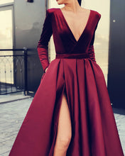 Load image into Gallery viewer, Velvet Sleeved Prom Dresses Leg Slit Satin Gown
