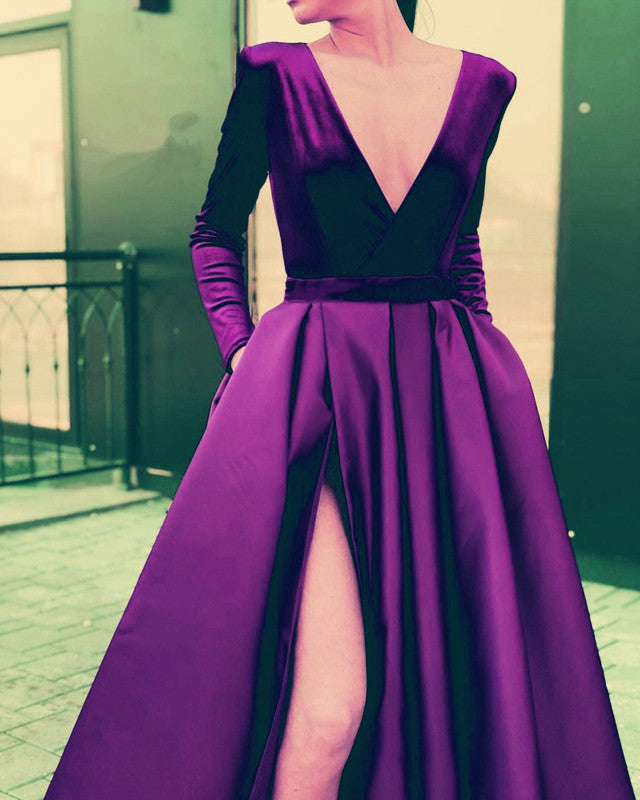 white christmas dresses Long Sleeves V-Neck Evening Dresses Split Prom Gowns